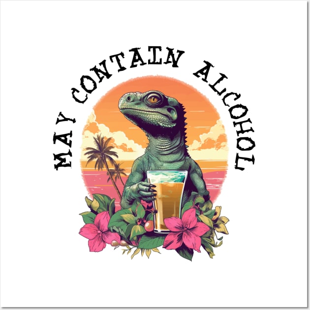 Green Lizard Holding Beer - May Contain Alcohol (Black Lettering) Wall Art by VelvetRoom